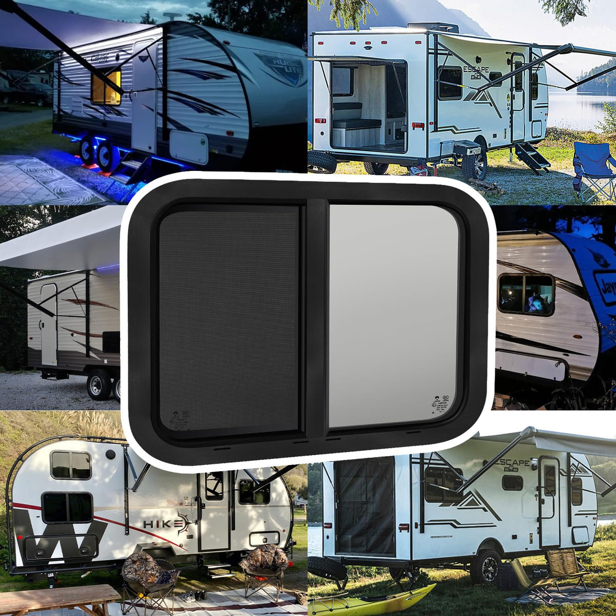 NOVINO window in camping setup with natural light and scenic ventilation