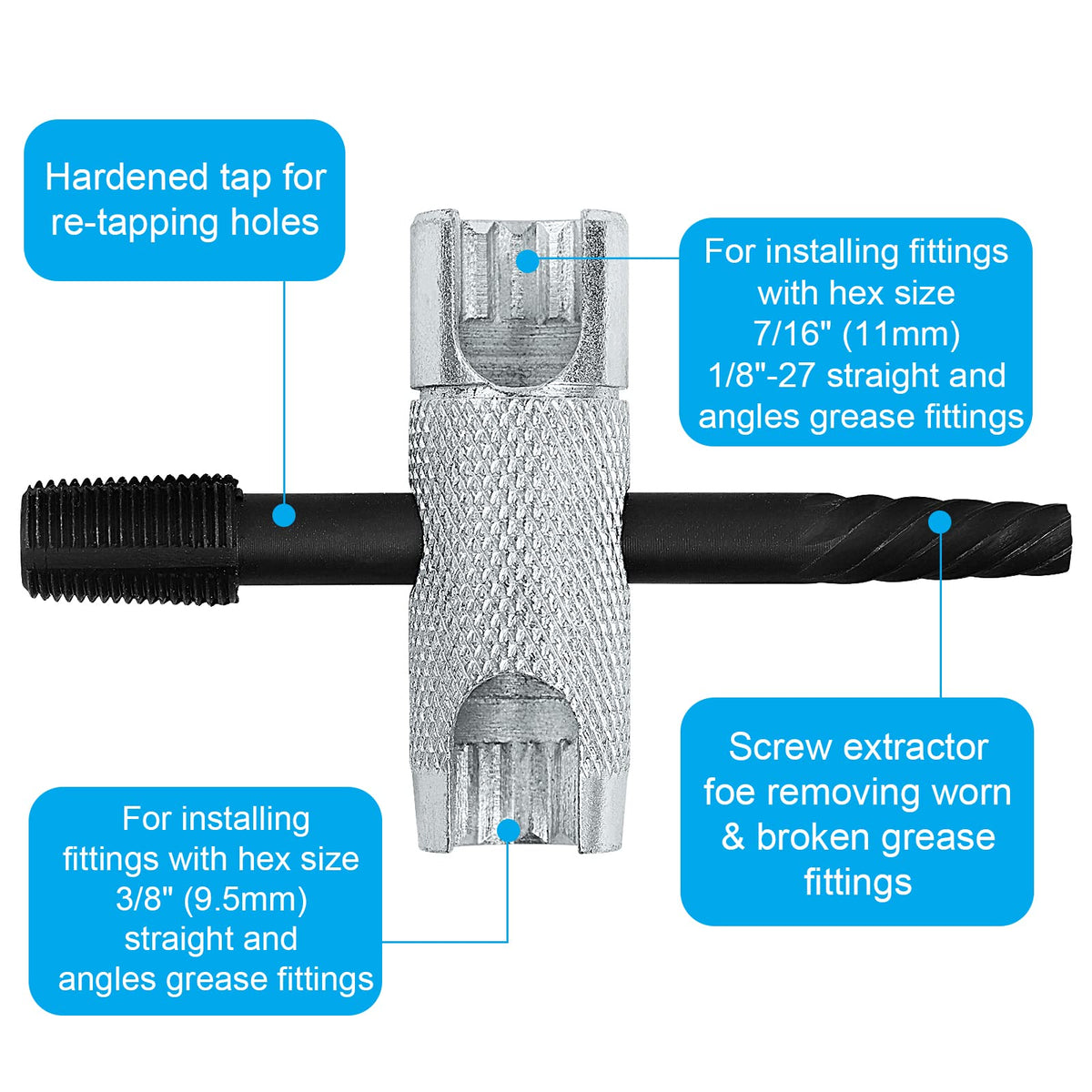 NOVINO detail of black threaded taps for cleaning and restoring clogged zerk threads efficiently