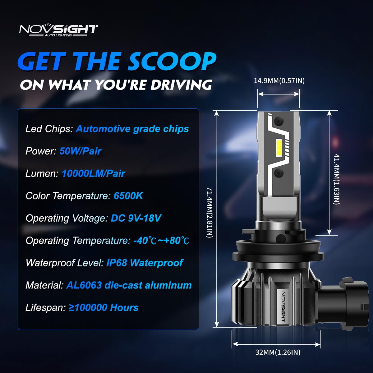 NOVSIGHT beside halogen bulb showing compact size and plug-and-play fit