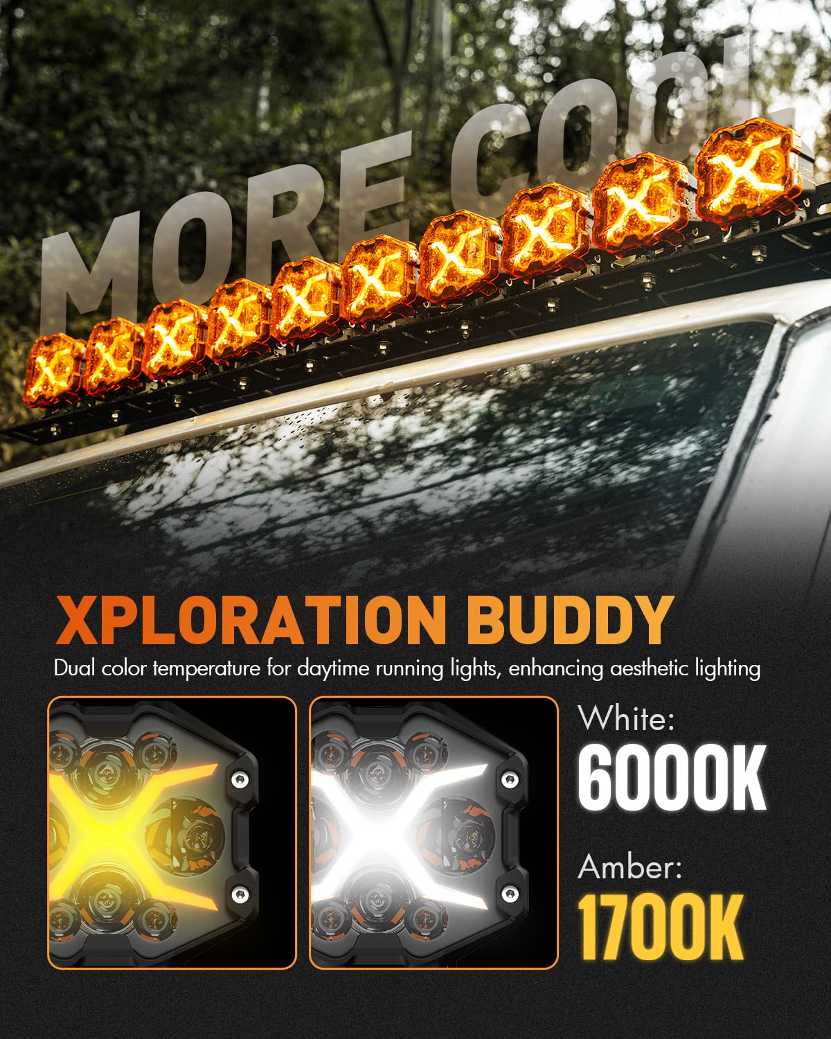 NOVSIGHT close-up of X-shaped DRL detail highlighting amber and white options
