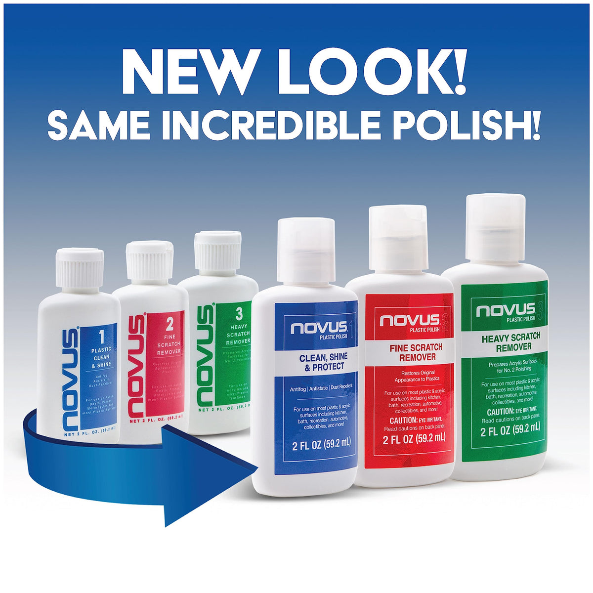 Novus bottle label closeup displaying product names and clear-guidance benefit