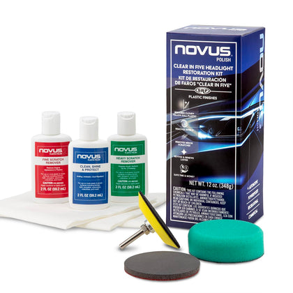 NOVUS front packaging showing complete Clear in Five kit and tools for quick restoration