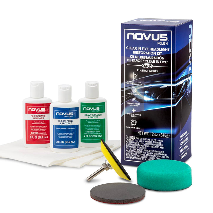 NOVUS front packaging showing complete Clear in Five kit and tools for quick restoration