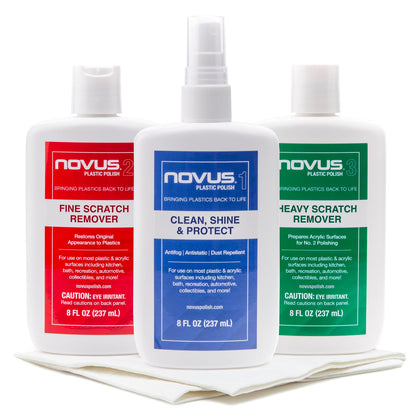 Novus kit front packaging showing bottles and towel pack, clear product overview