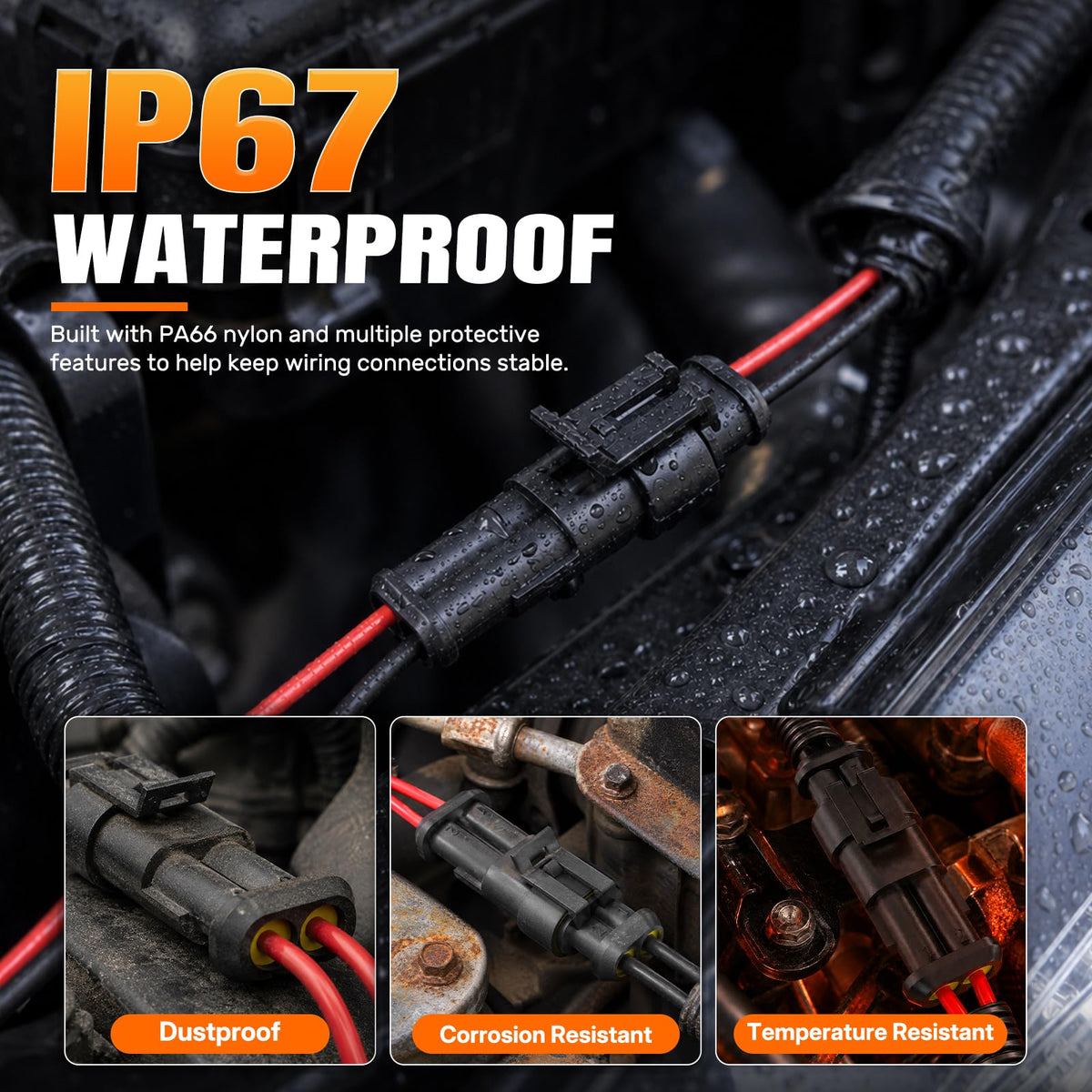 Noxtren connector close-up highlighting PA66 housing and red locking clip for durability