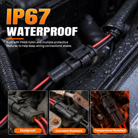 Noxtren connector close-up highlighting PA66 housing and red locking clip for durability