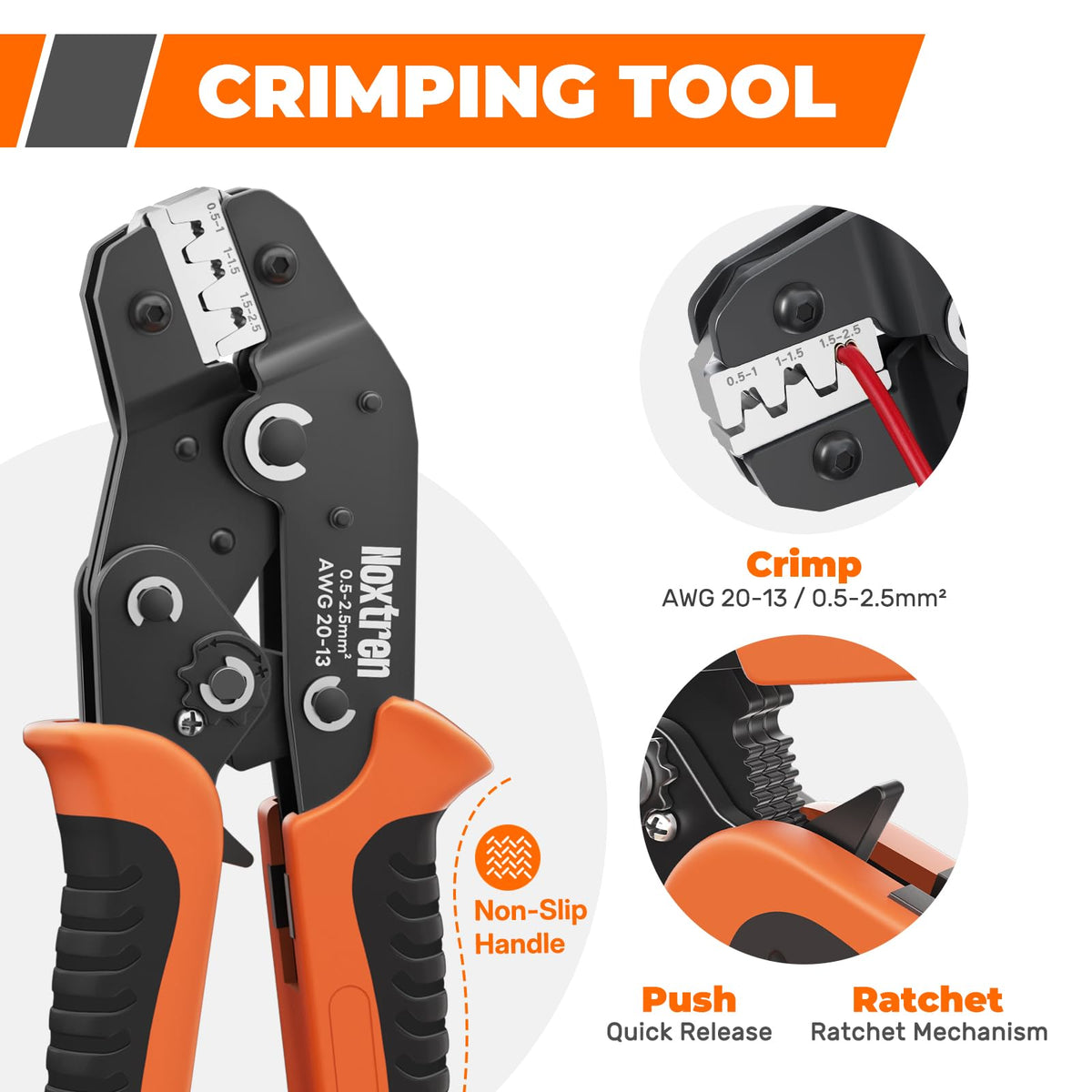 Noxtren crimper tool detail showing ratcheting mechanism and ergonomic handle for consistent crimps