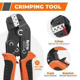 Noxtren crimper tool detail showing ratcheting mechanism and ergonomic handle for consistent crimps