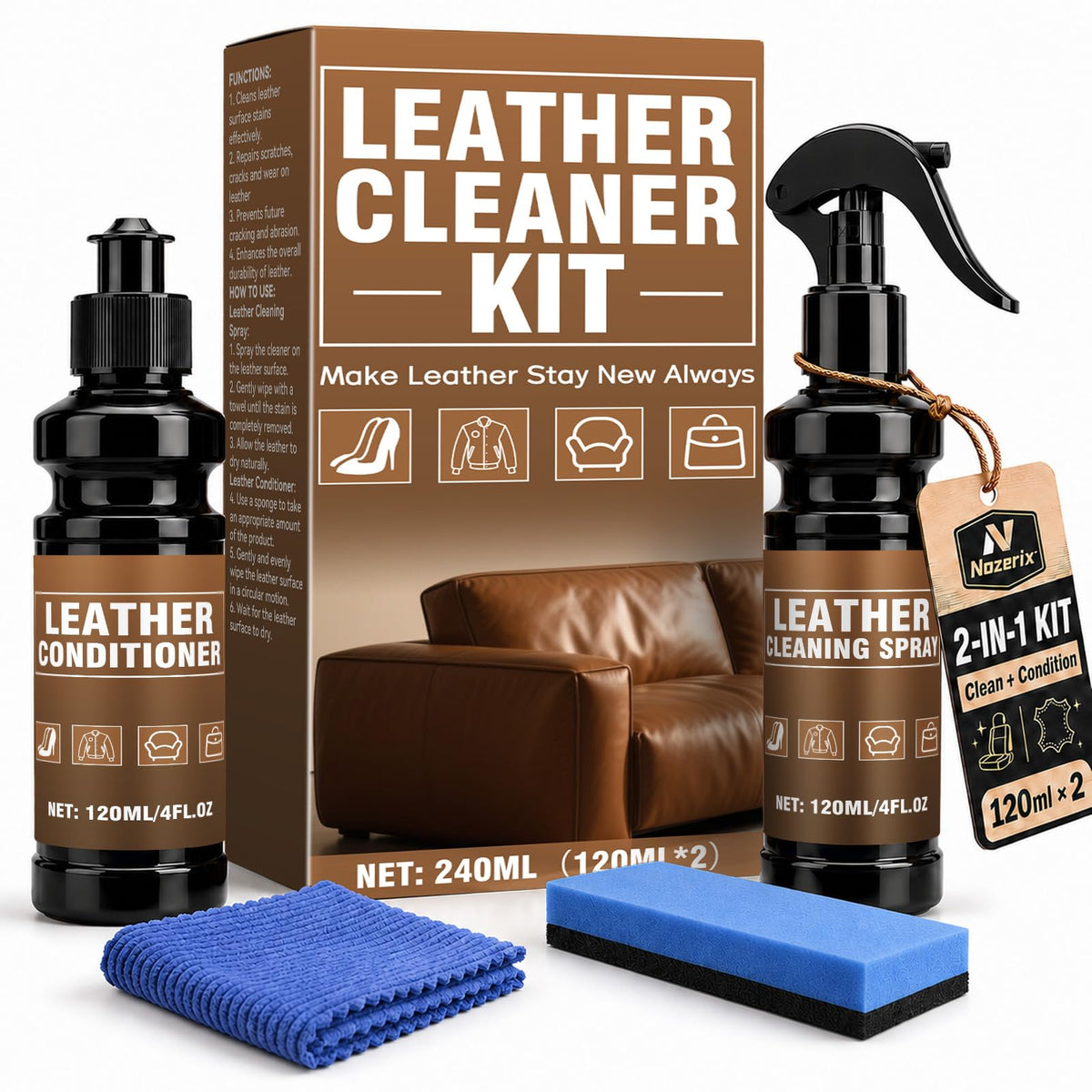 Nozerix front packaging of leather kit showing contents and benefits