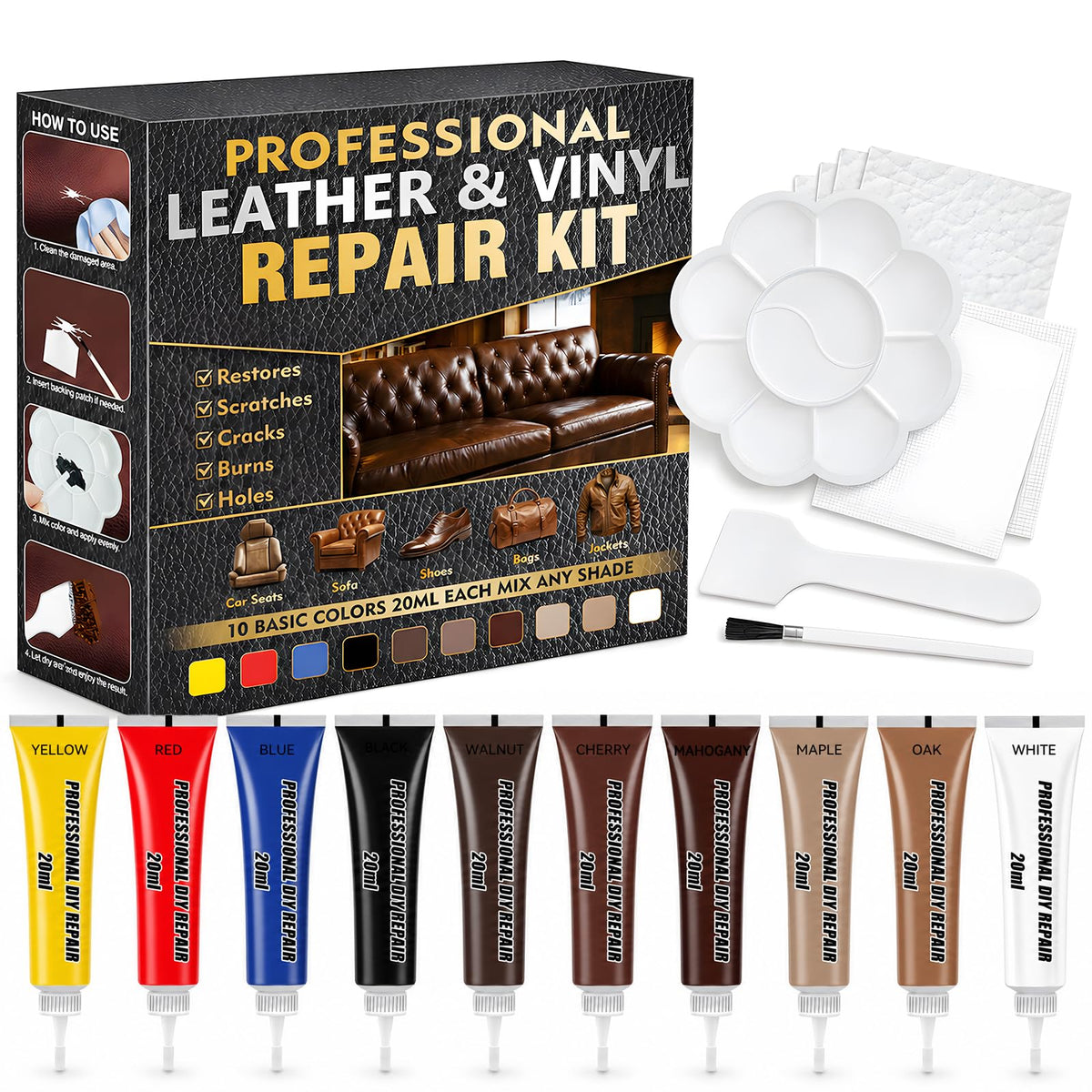 Nozerix front packaging showing complete leather repair kit and components benefit fast repairs