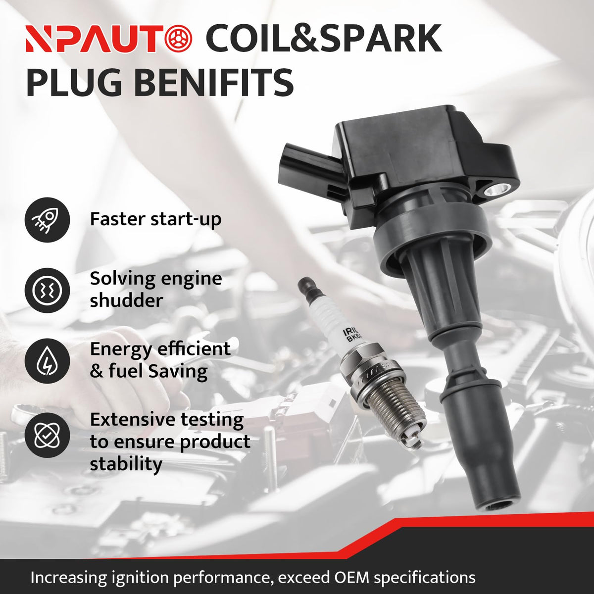 NPAUTO ignition coil close-up highlighting robust connector and insulating boot for reliable spark