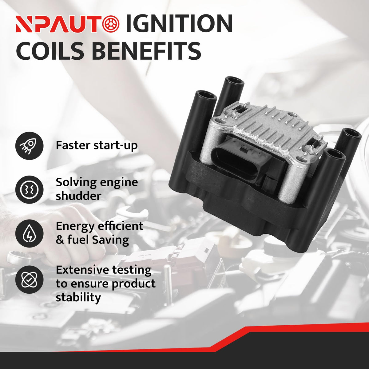 NPAUTO coil pack side profile highlighting durable housing for longevity