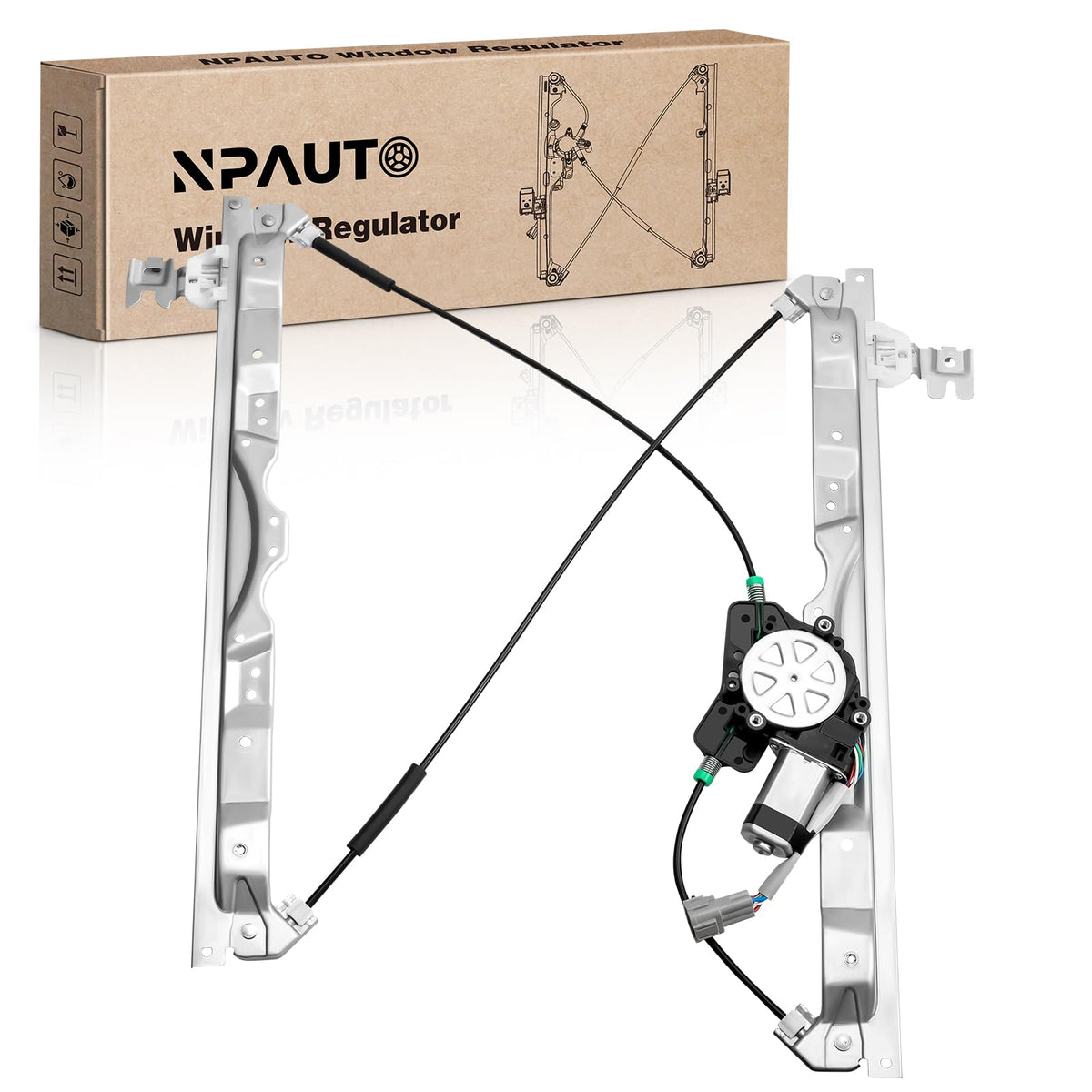 NPAUTO front left regulator assembly showing full unit and benefit of direct fit