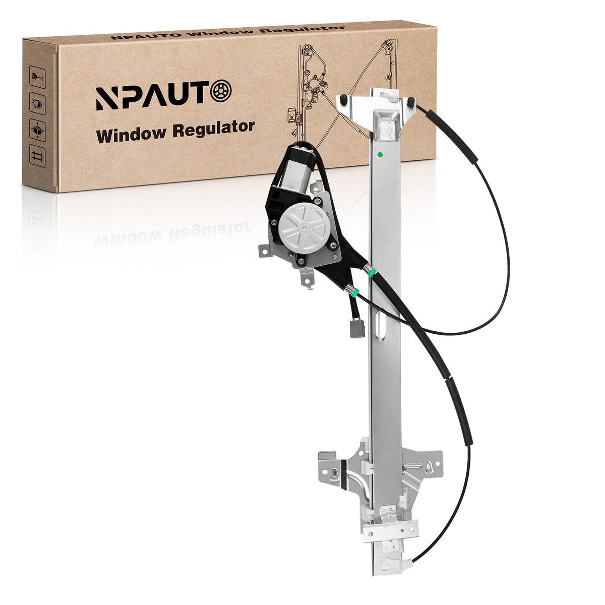NPAUTO front passenger assembly view showing complete regulator and motor for easy replacement