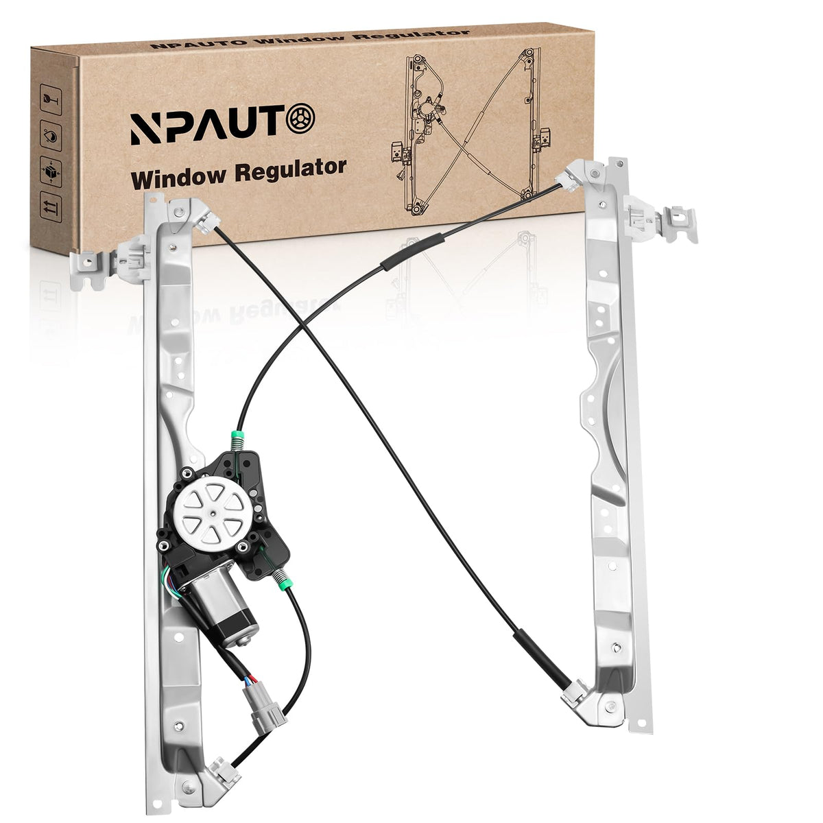NPAUTO front right regulator assembly showing full unit and clean mounting points for easy replacement