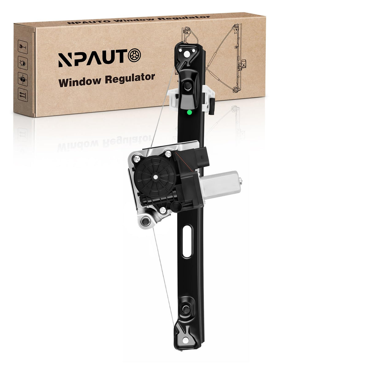 NPAUTO rear left assembly front view showing full regulator and motor, improves window reliability