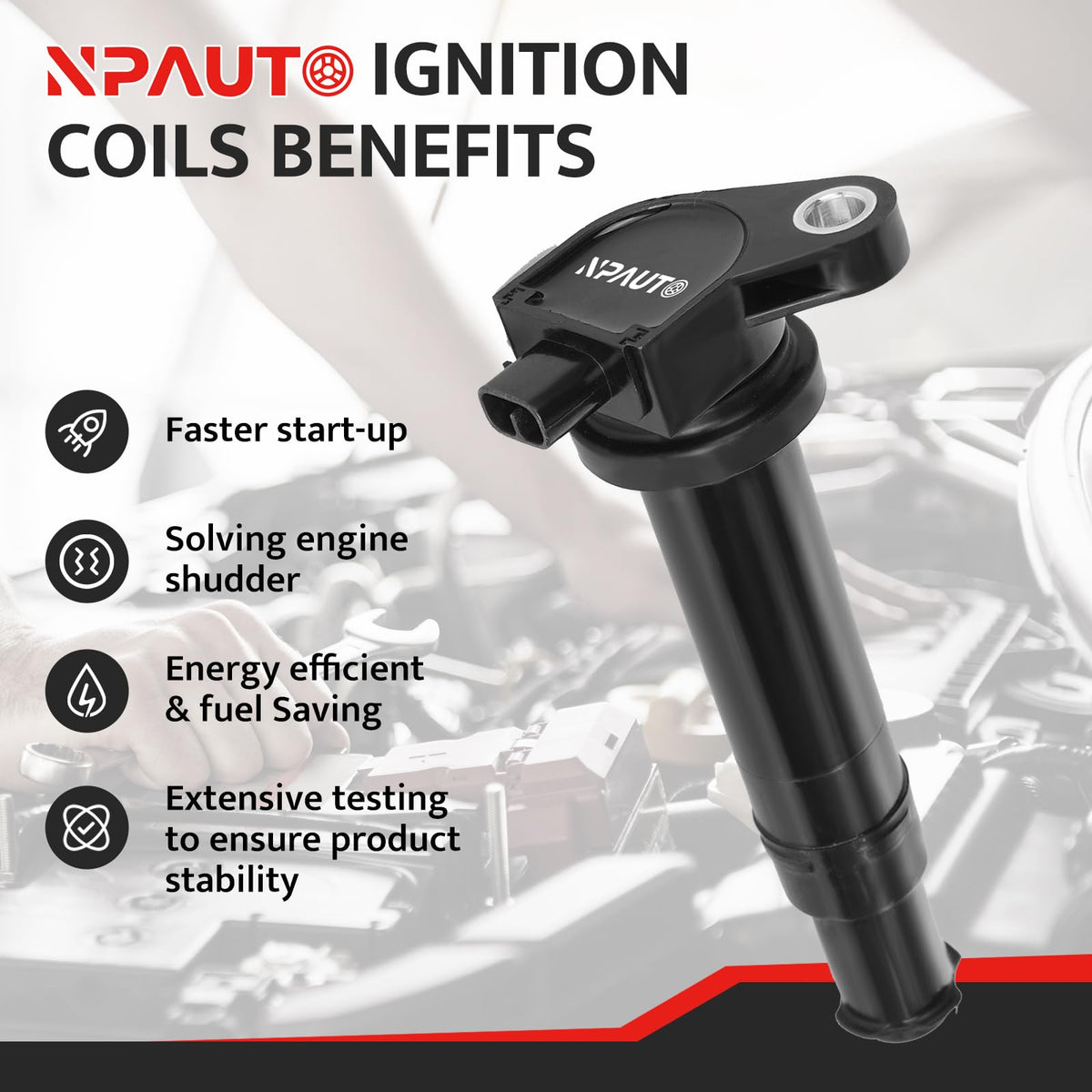 NPAUTO single coil close-up revealing coil body and insulation benefit: visible quality