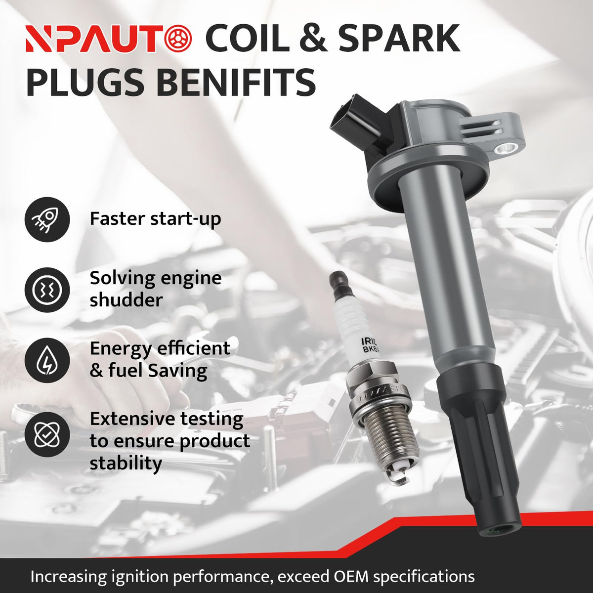 NPAUTO spark plug close-up highlighting pre-gapped electrode for consistent ignition