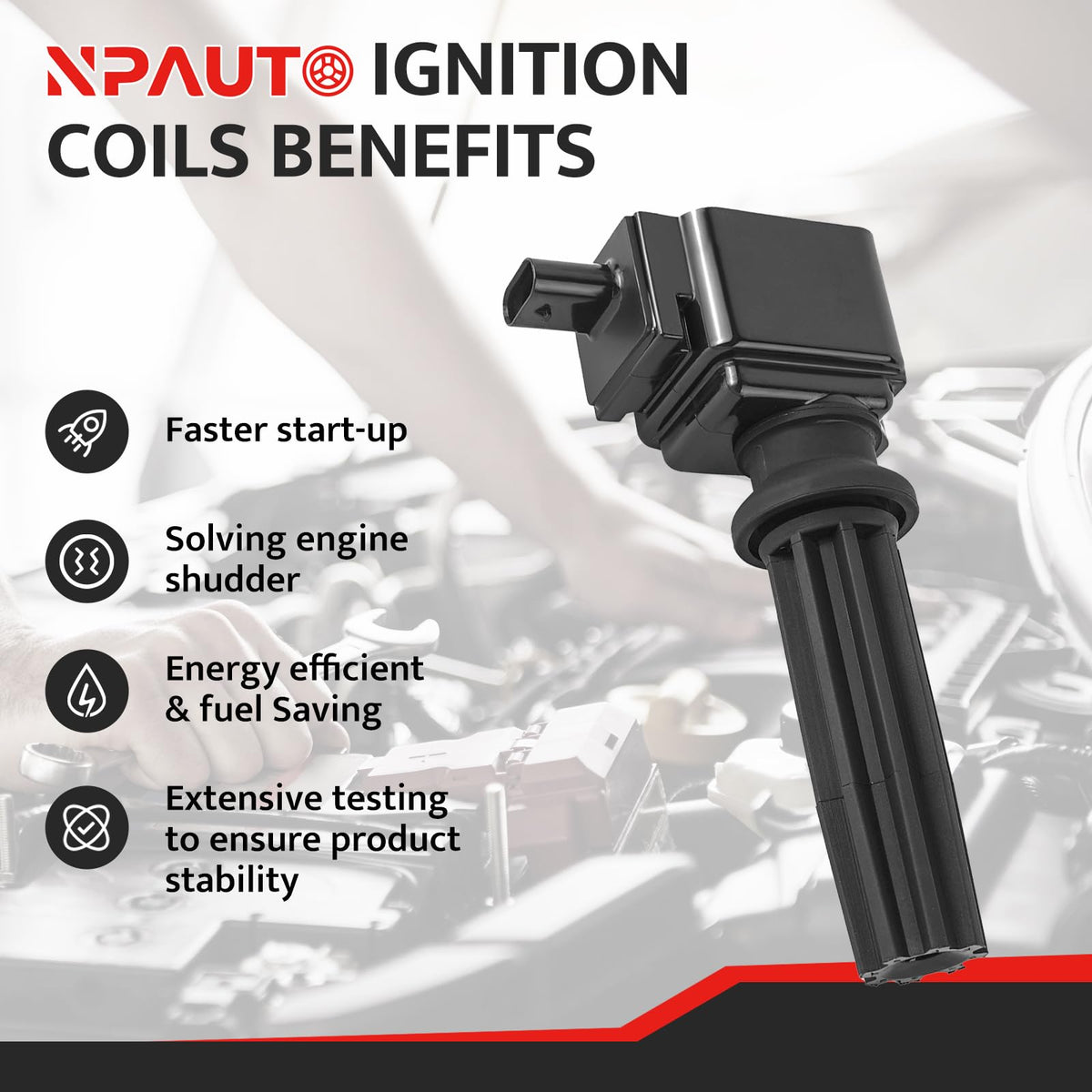 close-up of NPAUTO UF670 coil body highlighting durable construction benefit