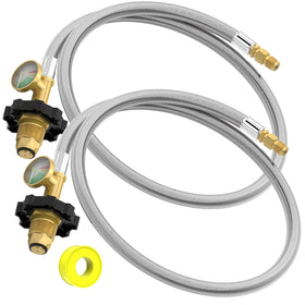 NQN two-pack front packaging showing hoses and included tape for secure propane connections