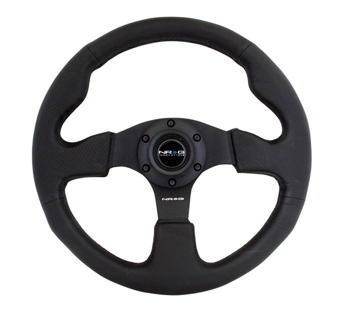 NRG Innovations front view steering wheel showing double-riveted spokes and compact 320mm rim for control