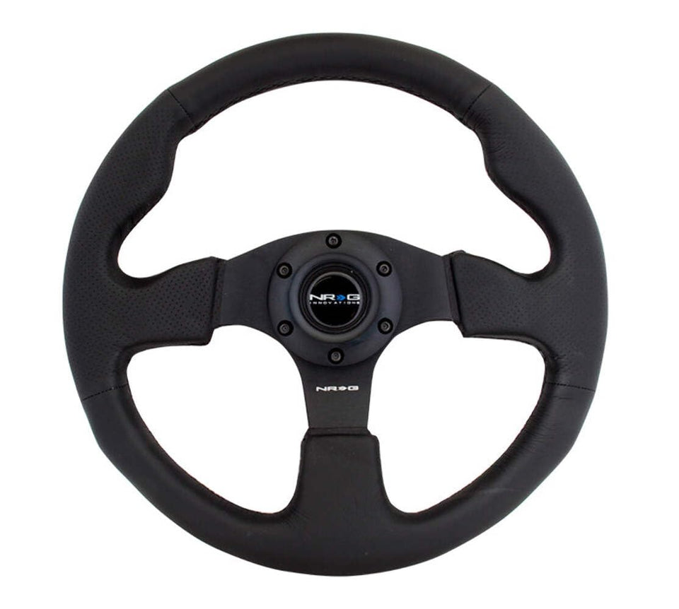 NRG Innovations front view steering wheel showing double-riveted spokes and compact 320mm rim for control