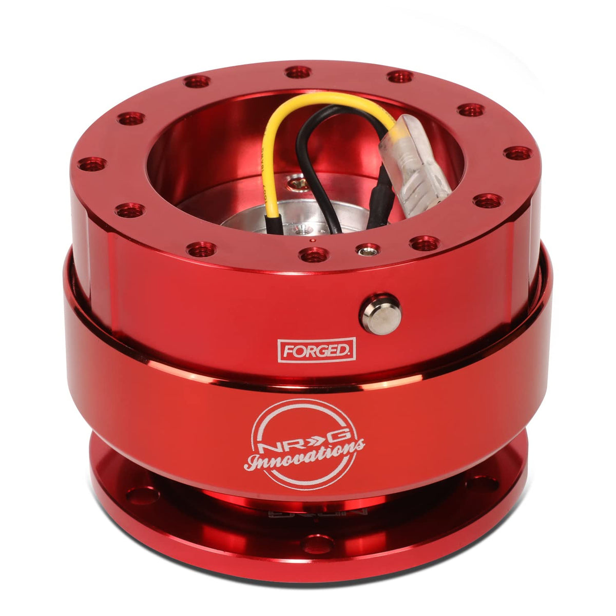NRG SRK-200RD-TI front view showing red body and titanium ring, clear visual upgrade