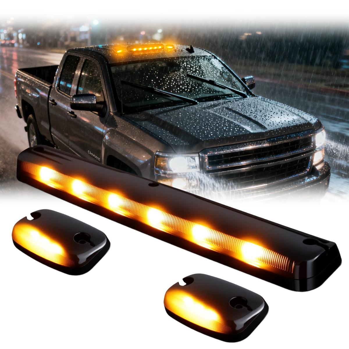 Nrgedzam front view of three amber cab marker lights showing fit and finish benefits