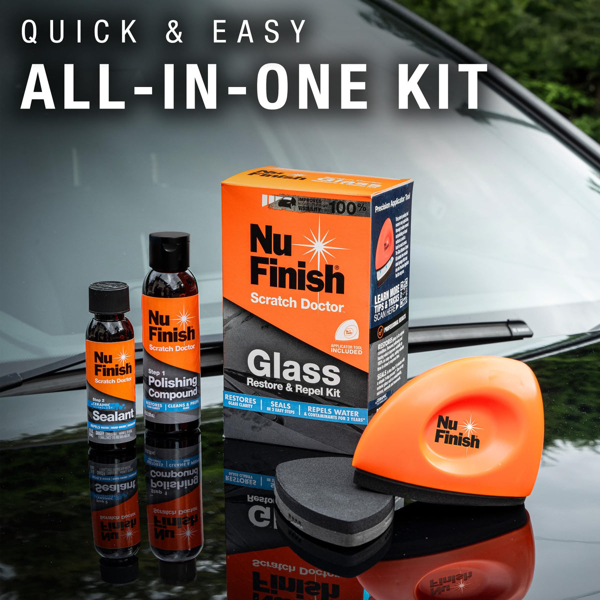 Nu Finish polishing action on windshield demonstrating improved visibility