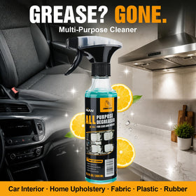 NUAN spray being applied to car seat fabric to remove grease and stains