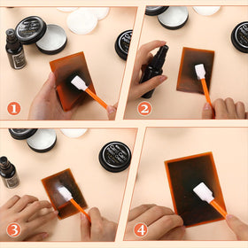 Nuanchu kit in use on collector table showing tools restoring card surface appearance