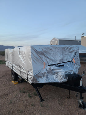 Nukugula cover on trailer showing size fit for 14-16 foot pop-up camper