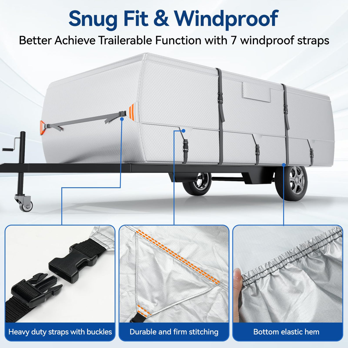 Nukugula straps and reinforced tension panels securing cover during trailering