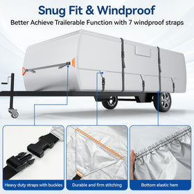 Nukugula straps and reinforced tension panels securing cover during trailering
