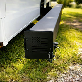 NUOVEPE lifestyle shot on RV rear highlighting durable weather-resistant benefit