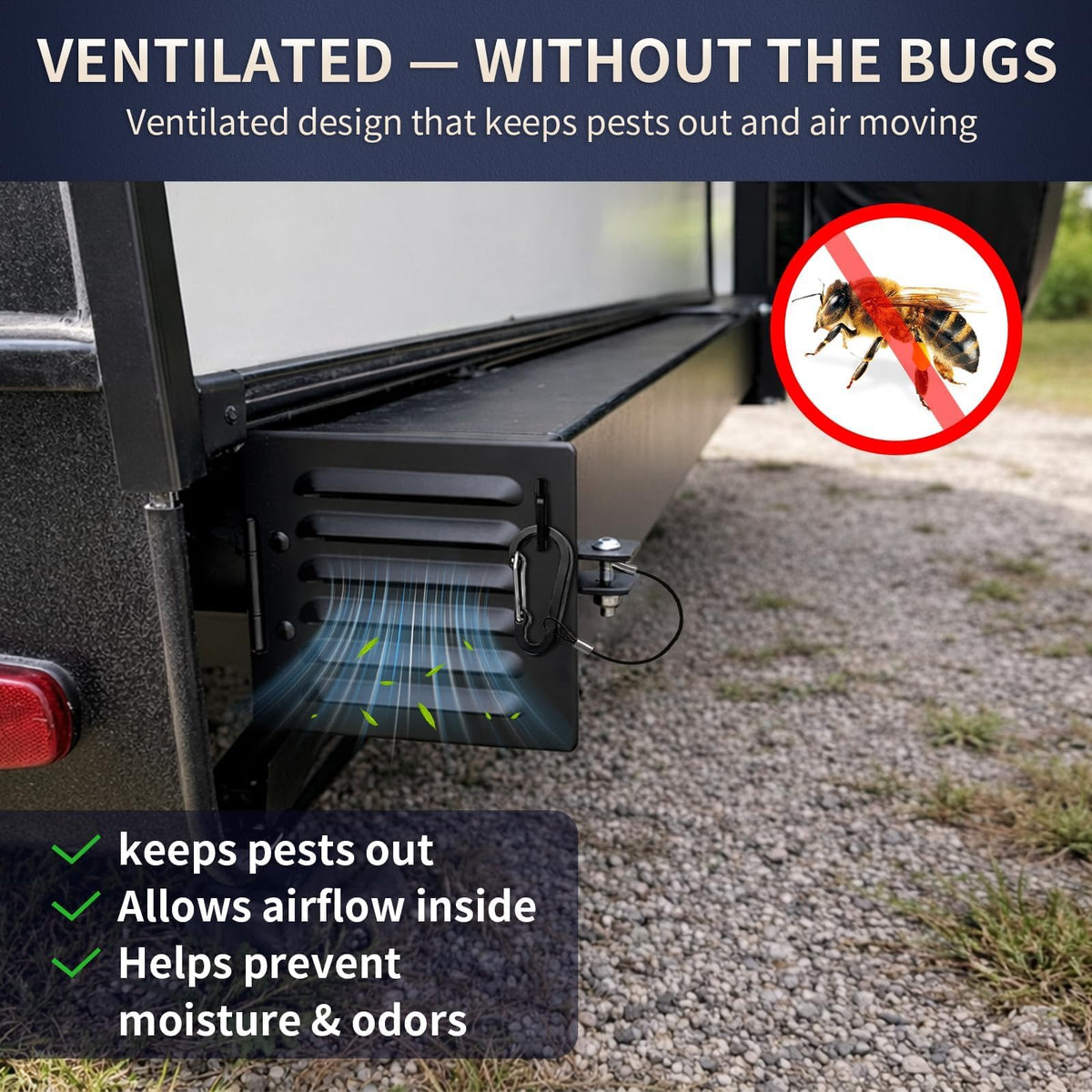 NUOVEPE cap mounted on RV bumper demonstrating secure fit and weather resistance