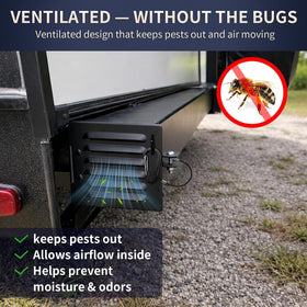 NUOVEPE cap mounted on RV bumper demonstrating secure fit and weather resistance