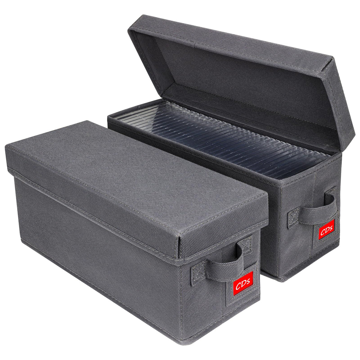 NUSWOR front view of grey CD box showing lid and neat storage benefit