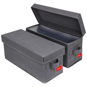 NUSWOR front view of grey CD box showing lid and neat storage benefit