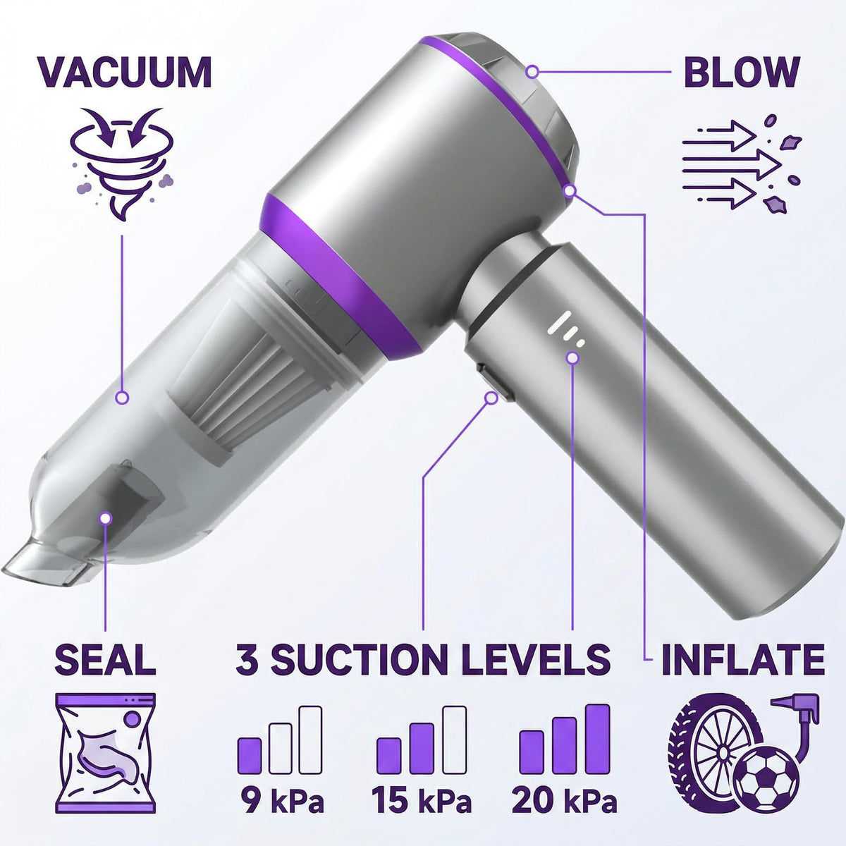 NWDEY accessories laid out including crevice tool and brush, versatile-cleaning benefit