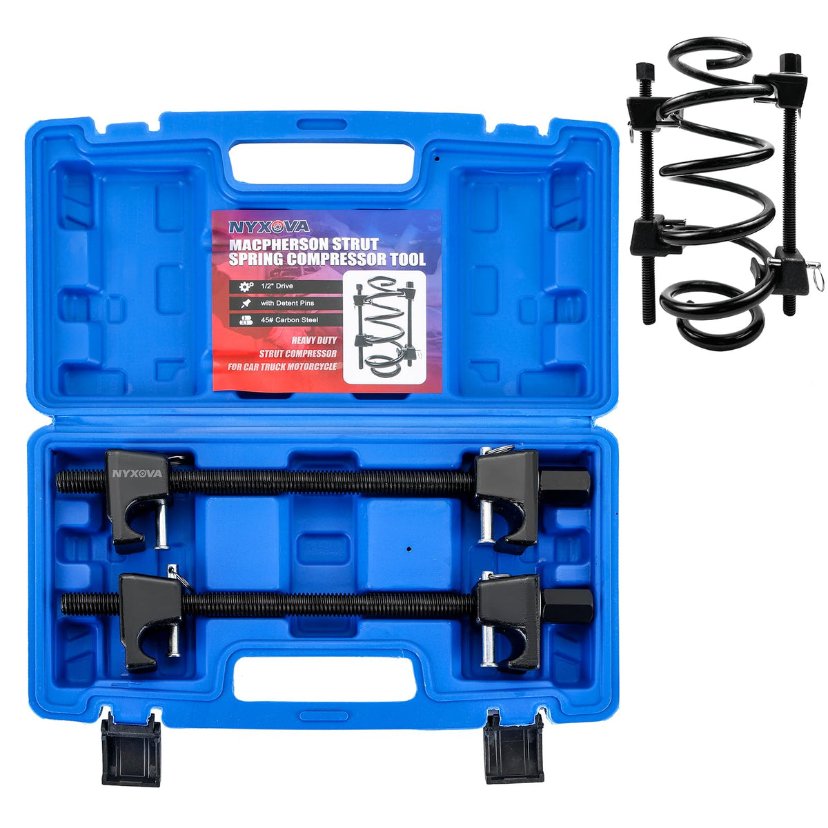 NYXOVA front view of two-piece spring compressor showing compact robust construction and organization