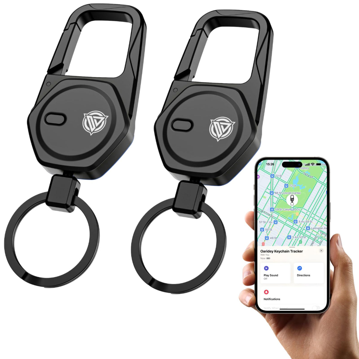 Oaridey front-facing packaging showing tracker and carabiner for quick identification