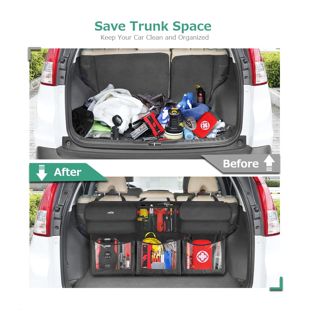 Oasser hanging on a car seat back to save trunk floor space