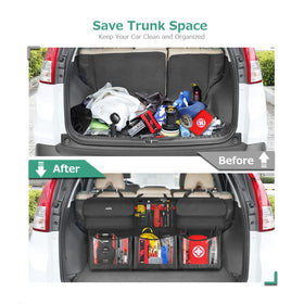 Oasser hanging on a car seat back to save trunk floor space