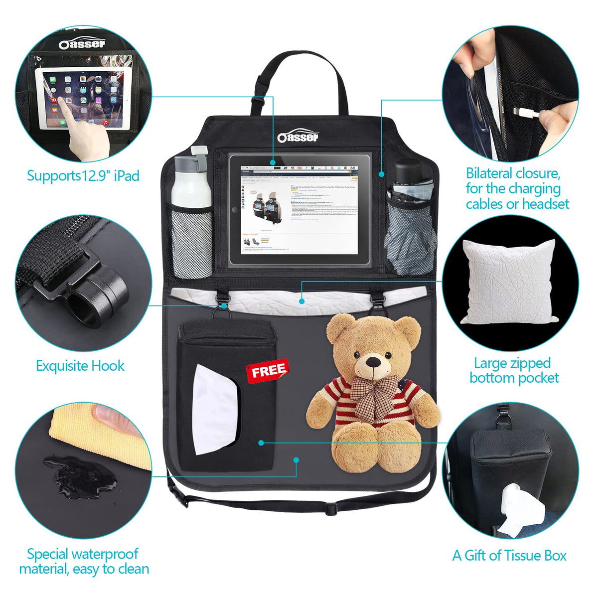 Oasser protector installed in SUV showing neat backseat organization advantage