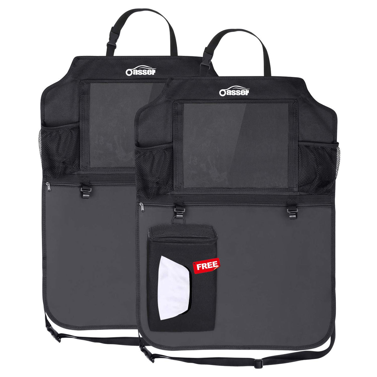 Oasser clear iPad pocket close-up holding tablet with cable access for convenience