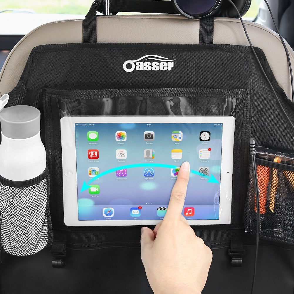 Oasser mesh side pockets storing bottle and charger for organized backseat benefit