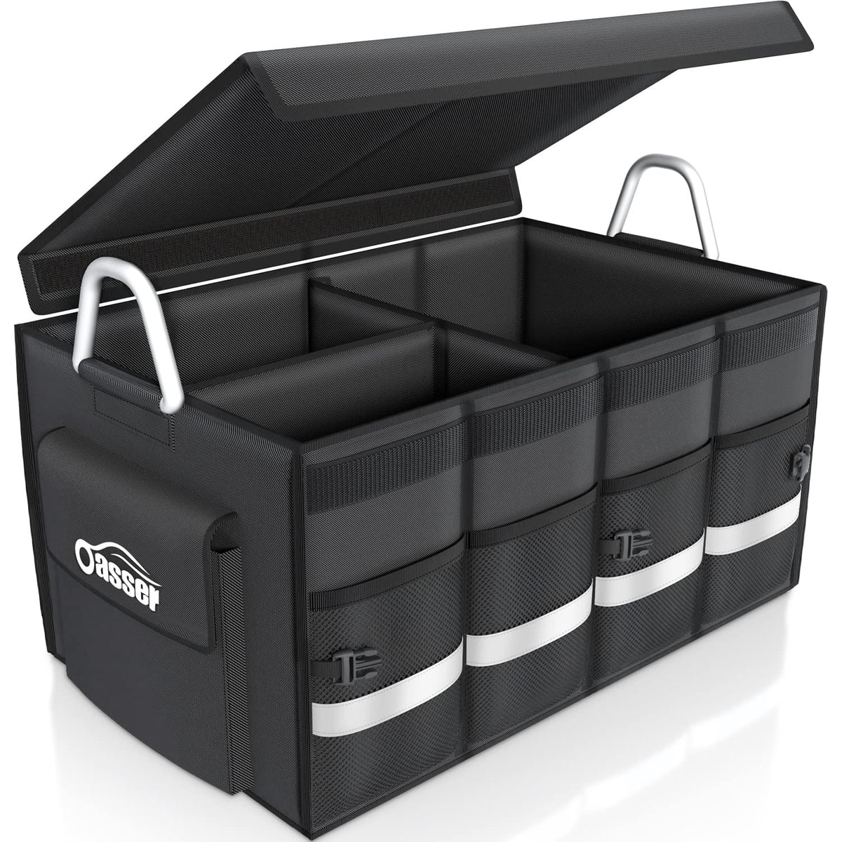 Oasser front view showing large black trunk organizer and sturdy shape
