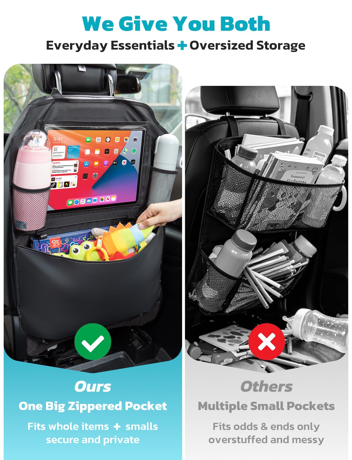 Oasser zipped bottom pocket detail holding snacks and valuables for spill protection