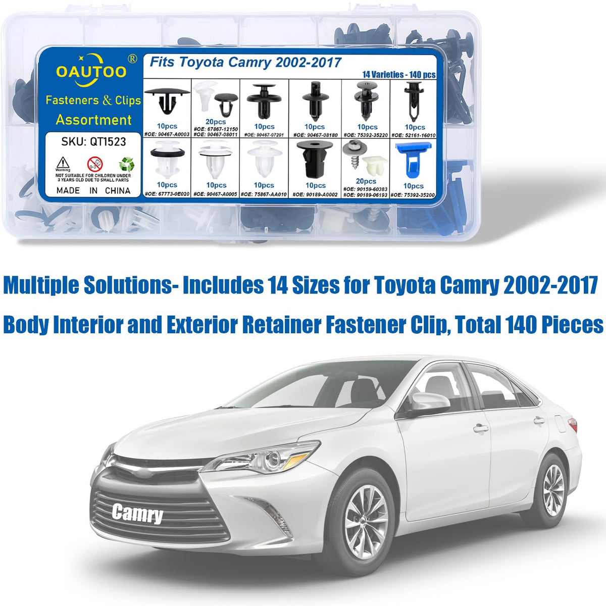 OAUTOO close-up of clip head and stem shapes displaying dimensions for correct fit on Camry